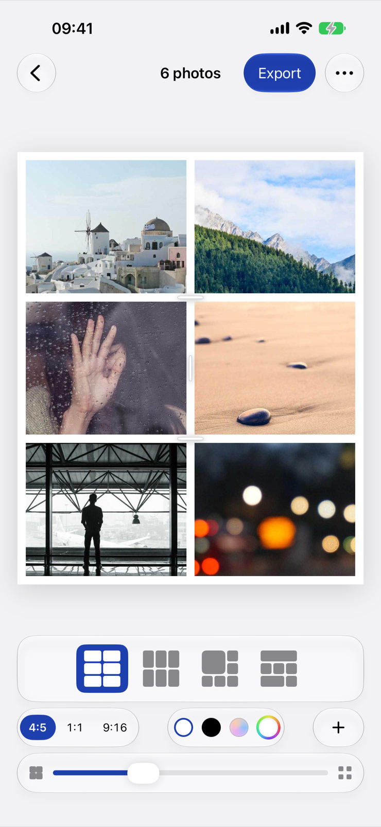 The Mosaico editor: six photos in a grid, layout choices, format and spacing controls.